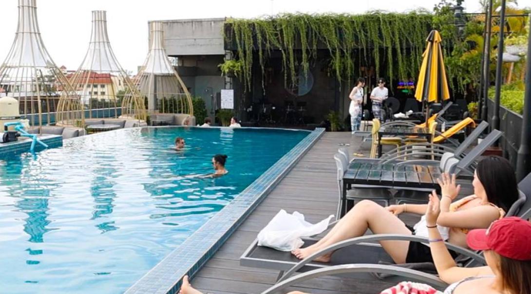 Rooftop swimming pool at the hotel in Cambodia for high school interns